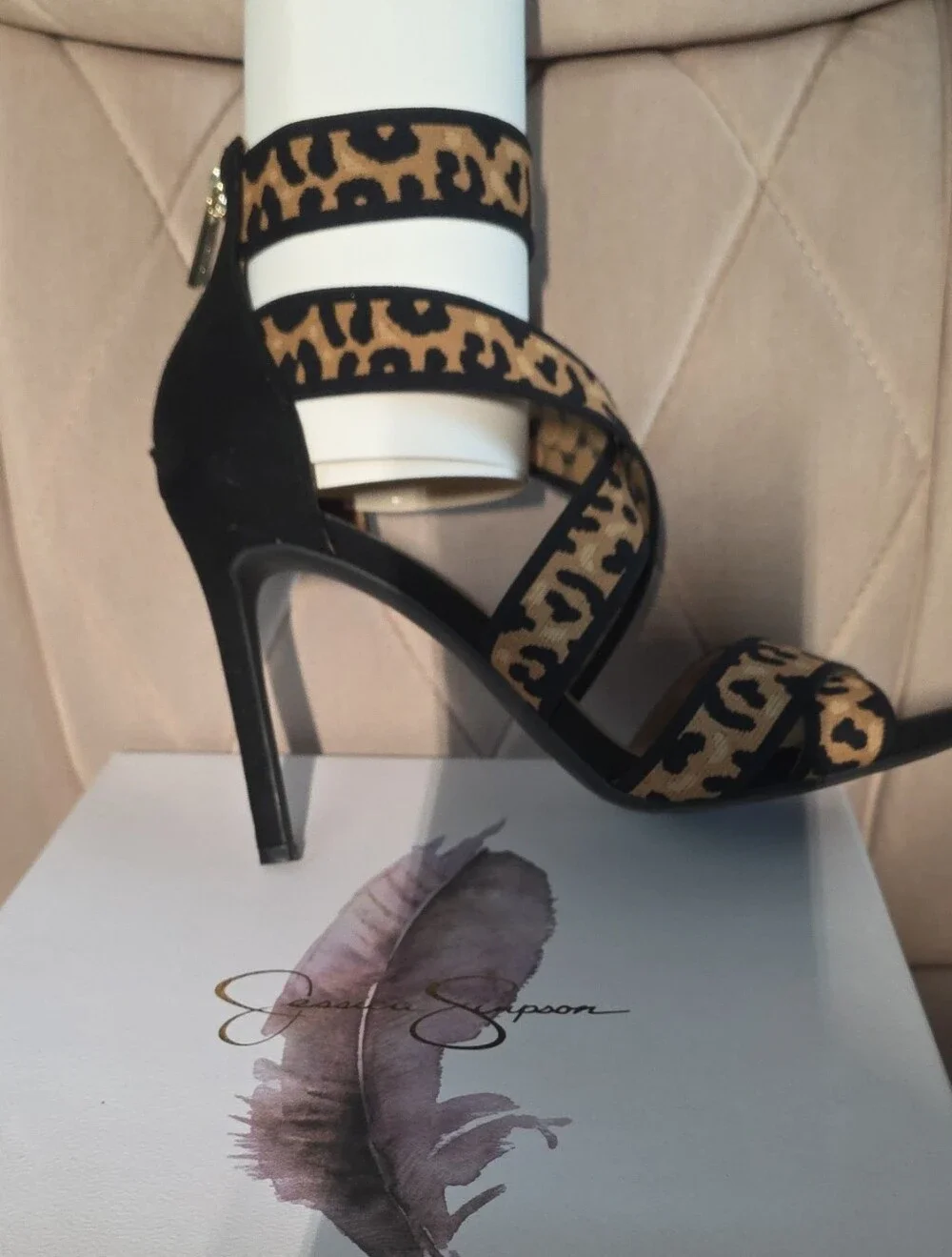 Jessica Simpson Leopard Print Strappy Heels - Black/Tan